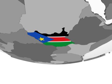 Güney Sudan katıştırılmış bayrak ile gri siyasi dünya üzerinde. 3D çizim.