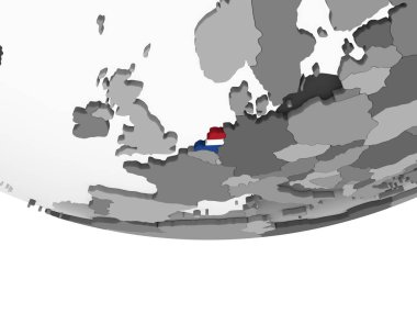 Hollanda katıştırılmış bayrak ile gri siyasi dünya üzerinde. 3D çizim.