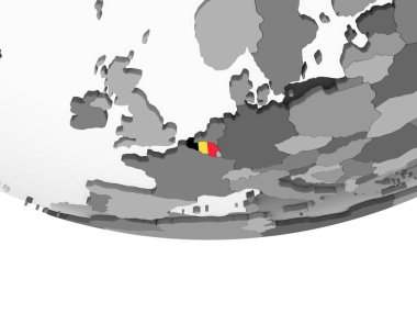 Belçika katıştırılmış bayrak ile gri siyasi dünya üzerinde. 3D çizim.