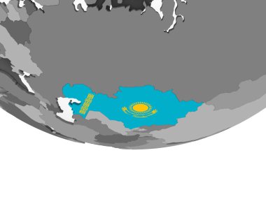 Kazakistan katıştırılmış bayrak ile gri siyasi dünya üzerinde. 3D çizim.