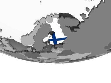 Finlandiya katıştırılmış bayrak ile gri siyasi dünya üzerinde. 3D çizim.