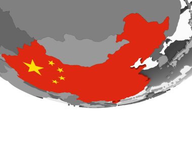 Çin katıştırılmış bayrak ile gri siyasi dünya üzerinde. 3D çizim.