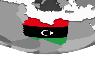 Libya katıştırılmış bayrak ile gri siyasi dünya üzerinde. 3D çizim.