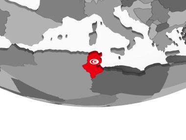 Tunus katıştırılmış bayrak ile gri siyasi dünya üzerinde. 3D çizim.