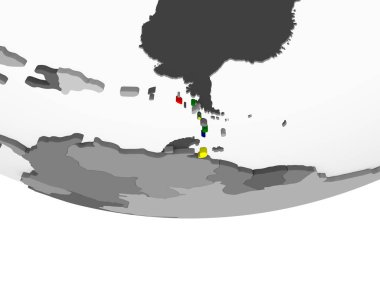 Karayipler katıştırılmış bayrak ile gri siyasi dünya üzerinde. 3D çizim.