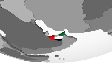Birleşik Arap Emirlikleri katıştırılmış bayrak ile gri siyasi dünya üzerinde. 3D çizim.