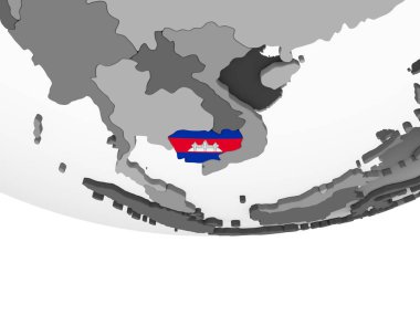 Kamboçya katıştırılmış bayrak ile gri siyasi dünya üzerinde. 3D çizim.