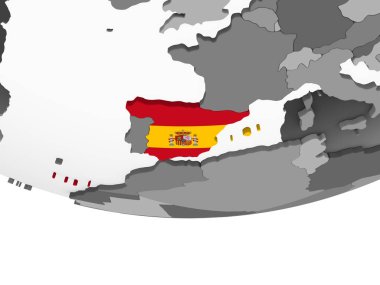 İspanya katıştırılmış bayrak ile gri siyasi dünya üzerinde. 3D çizim.