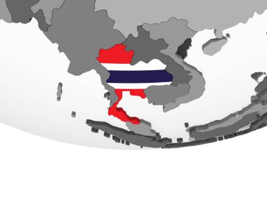 Tayland katıştırılmış bayrak ile gri siyasi dünya üzerinde. 3D çizim.