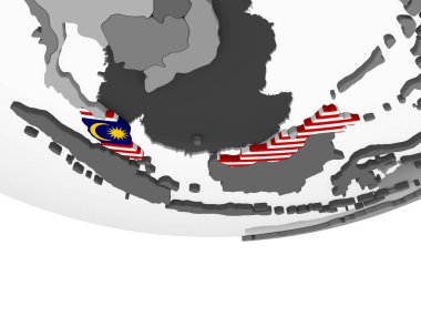 Malezya katıştırılmış bayrak ile gri siyasi dünya üzerinde. 3D çizim.