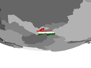 Tacikistan katıştırılmış bayrak ile gri siyasi dünya üzerinde. 3D çizim.