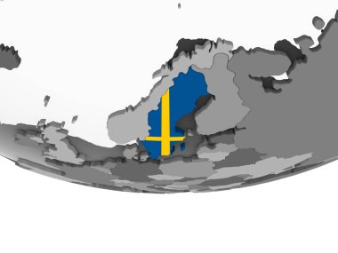 İsveç katıştırılmış bayrak ile gri siyasi dünya üzerinde. 3D çizim.