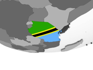 Tanzanya katıştırılmış bayrak ile gri siyasi dünya üzerinde. 3D çizim.