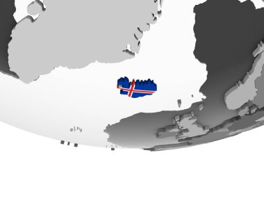 İzlanda katıştırılmış bayrak ile gri siyasi dünya üzerinde. 3D çizim.