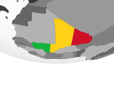 Mali katıştırılmış bayrak ile gri siyasi dünya üzerinde. 3D çizim.