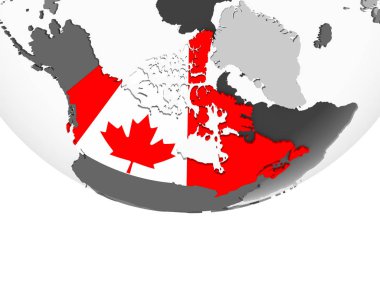Kanada katıştırılmış bayrak ile gri siyasi dünya üzerinde. 3D çizim.