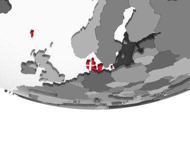 Danimarka katıştırılmış bayrak ile gri siyasi dünya üzerinde. 3D çizim.