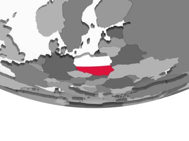 Polonya katıştırılmış bayrak ile gri siyasi dünya üzerinde. 3D çizim.