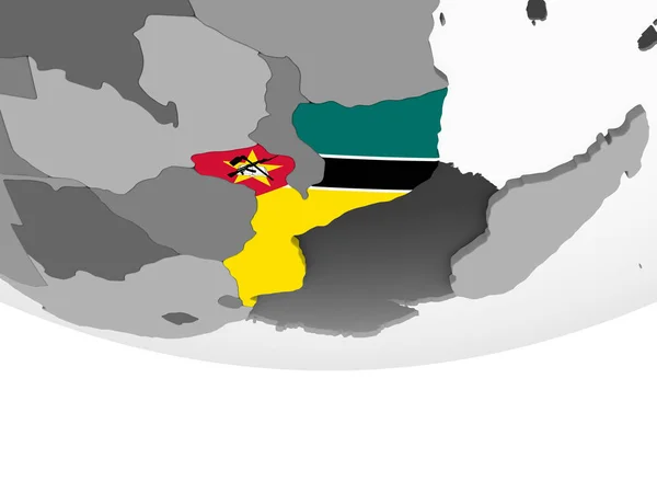 Мозамбик Сером Политическом Глобусе Встроенным Флагом Иллюстрация — стоковое фото