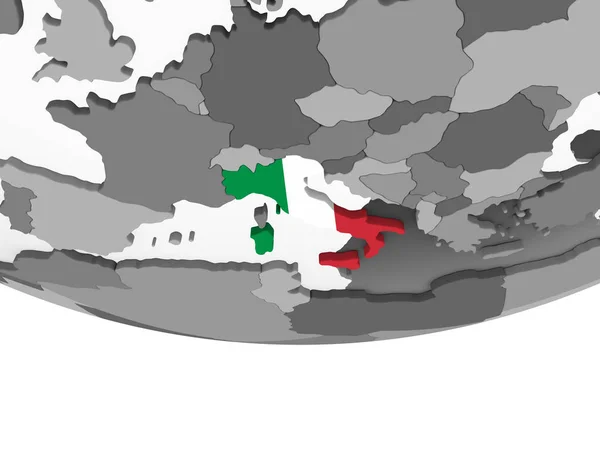 意大利在灰色政治地球仪与嵌入的旗子 — 图库照片