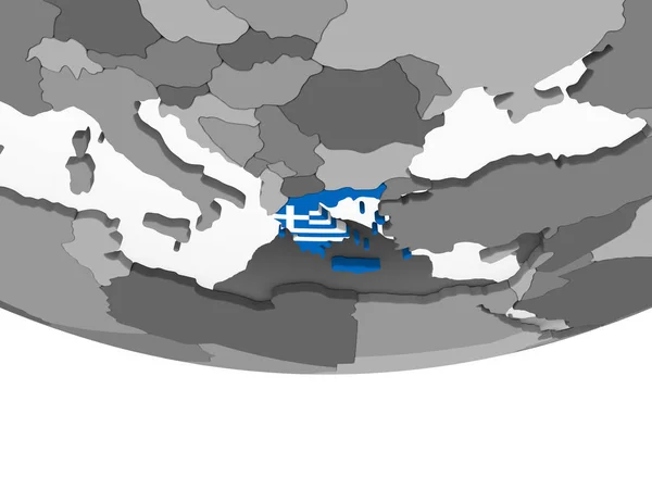 Grecia Globo Politico Grigio Con Bandiera Incorporata Illustrazione — Foto Stock