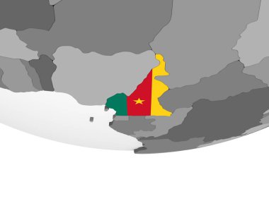 Kamerun katıştırılmış bayrak ile gri siyasi dünya üzerinde. 3D çizim.