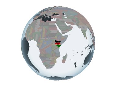 Kenya katıştırılmış bayrak ile siyasi dünya üzerinde. 3d illüstrasyon izole beyaz arka plan üzerinde.