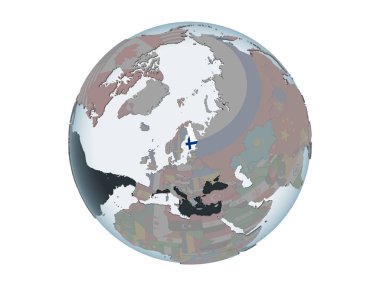 Finlandiya katıştırılmış bayrak ile siyasi dünya üzerinde. 3d illüstrasyon izole beyaz arka plan üzerinde.