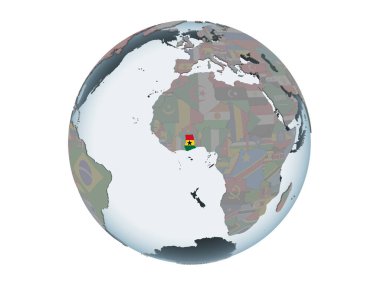 Gana katıştırılmış bayrak ile siyasi dünya üzerinde. 3d illüstrasyon izole beyaz arka plan üzerinde.