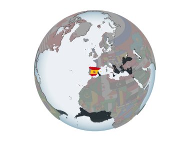 İspanya katıştırılmış bayrak ile siyasi dünya üzerinde. 3d illüstrasyon izole beyaz arka plan üzerinde.