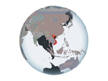 Vietnam katıştırılmış bayrak ile siyasi dünya üzerinde. 3d illüstrasyon izole beyaz arka plan üzerinde.