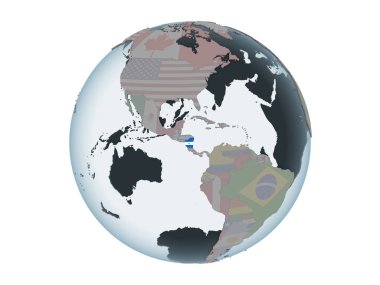 Nikaragua katıştırılmış bayrak ile siyasi dünya üzerinde. 3d illüstrasyon izole beyaz arka plan üzerinde.
