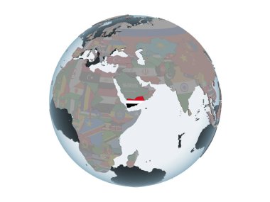 Yemen katıştırılmış bayrak ile siyasi dünya üzerinde. 3d illüstrasyon izole beyaz arka plan üzerinde.