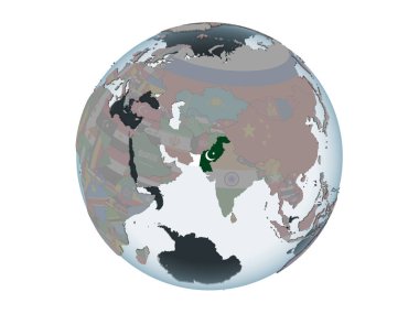 Pakistan katıştırılmış bayrak ile siyasi dünya üzerinde. 3d illüstrasyon izole beyaz arka plan üzerinde.