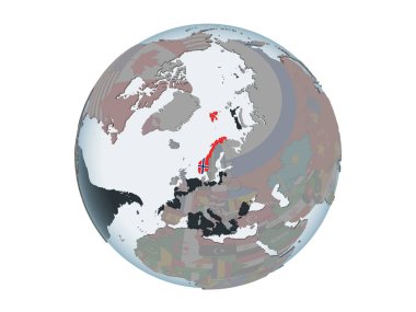 Norveç katıştırılmış bayrak ile siyasi dünya üzerinde. 3d illüstrasyon izole beyaz arka plan üzerinde.