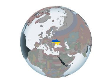 Ukrayna katıştırılmış bayrak ile siyasi dünya üzerinde. 3d illüstrasyon izole beyaz arka plan üzerinde.