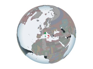 İtalya katıştırılmış bayrak ile siyasi dünya üzerinde. 3d illüstrasyon izole beyaz arka plan üzerinde.