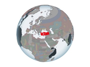 Türkiye katıştırılmış bayrak ile siyasi dünya üzerinde. 3d illüstrasyon izole beyaz arka plan üzerinde.