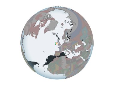 İrlanda'da katıştırılmış bayrak ile siyasi dünya. 3d illüstrasyon izole beyaz arka plan üzerinde.