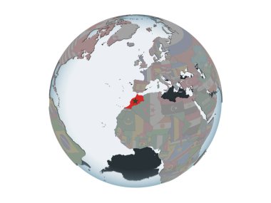 Fas katıştırılmış bayrak ile siyasi dünya üzerinde. 3d illüstrasyon izole beyaz arka plan üzerinde.