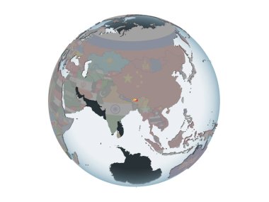 Bhutan katıştırılmış bayrak ile siyasi dünya üzerinde. 3d illüstrasyon izole beyaz arka plan üzerinde.