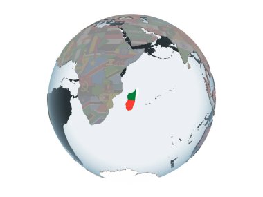 Madagaskar katıştırılmış bayrak ile siyasi dünya üzerinde. 3d illüstrasyon izole beyaz arka plan üzerinde.