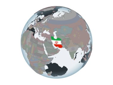 Iran katıştırılmış bayrak ile siyasi dünya üzerinde. 3d illüstrasyon izole beyaz arka plan üzerinde.