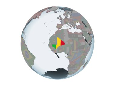 Mali katıştırılmış bayrak ile siyasi dünya üzerinde. 3d illüstrasyon izole beyaz arka plan üzerinde.