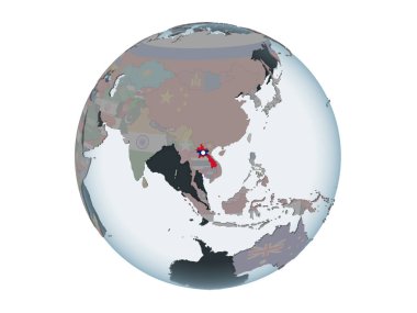 Laos katıştırılmış bayrak ile siyasi dünya üzerinde. 3d illüstrasyon izole beyaz arka plan üzerinde.