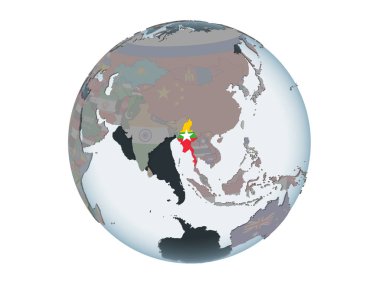 Myanmar katıştırılmış bayrak ile siyasi dünya üzerinde. 3d illüstrasyon izole beyaz arka plan üzerinde.