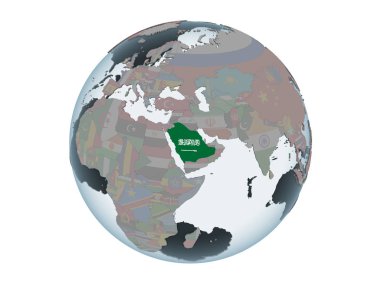 Suudi Arabistan katıştırılmış bayrak ile siyasi dünya üzerinde. 3d illüstrasyon izole beyaz arka plan üzerinde.