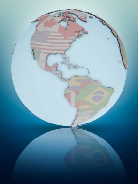 Jamaika parlak yüzeye yansıtan dünya üzerinde ulusal bayrak ile. 3D çizim.