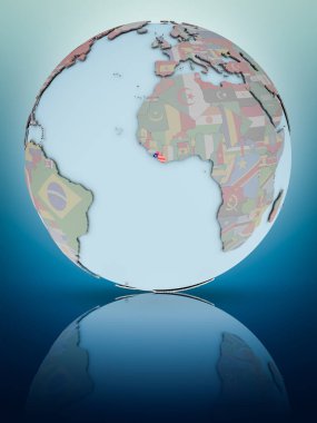 Liberya Ulusal bayrağını parlak yüzeye yansıtan dünya ile. 3D çizim.