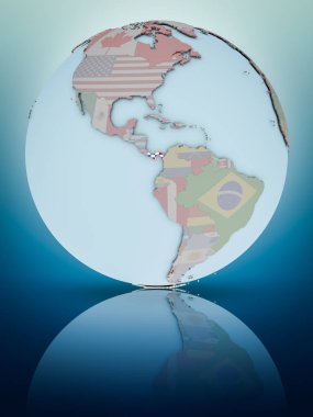 Panama Ulusal bayrağını parlak yüzeye yansıtan dünya ile. 3D çizim.